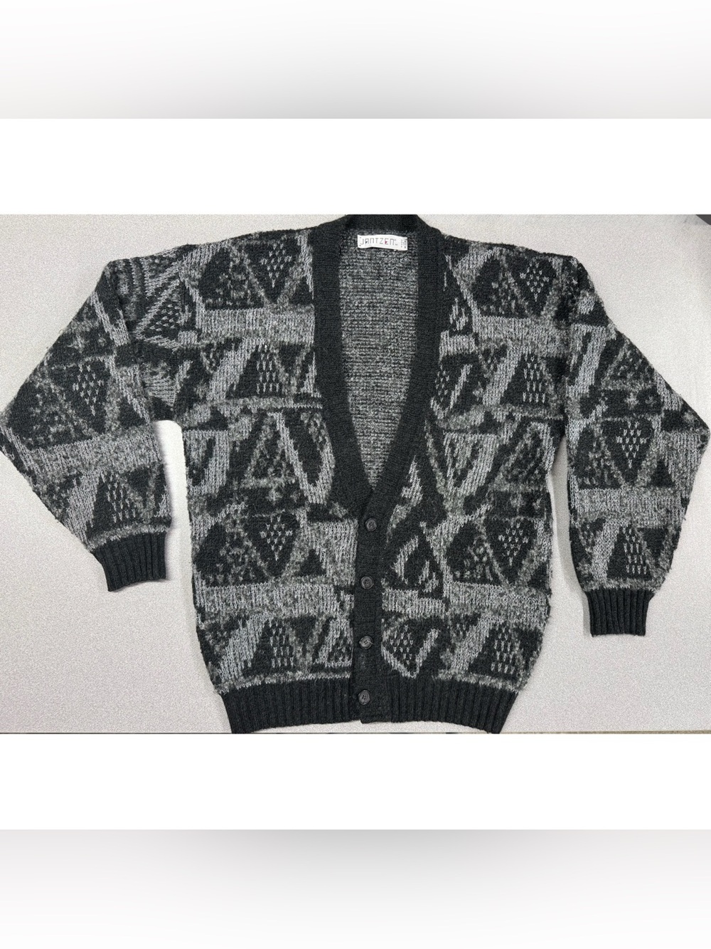 Vintage Jantzen Black & Gray Geometric Knit Cardigan Sweater